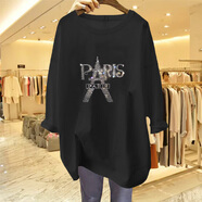 為柔設計感小眾春秋上衣中長(cháng)款白色t恤女韓版潮牌燙鉆巴黎鐵塔長(cháng)袖ins 黑色Y63113+燙鉆鐵塔 L
