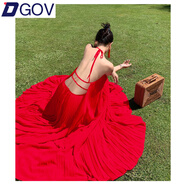DGOV超仙海邊度假連衣裙露背長裙氛圍拍照女神穿搭性感仙氣套裝裙 大紅色 S