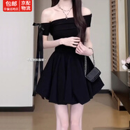 緋垚一字肩露肩黑色連衣裙女夏季新款法式赫本風(fēng)絕美蓬蓬花苞短裙子 【短款黑色】 M