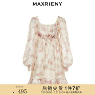 MAXRIENY【商場(chǎng)同款】精致浪漫甜美風(fēng)暈染印花長(zhǎng)袖連衣裙秋季新款裙子 粉花 L 03