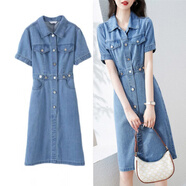 皮爾卡丹（pierre cardin）港味復(fù)古polo領(lǐng)牛仔連衣裙女夏新款小眾設(shè)計(jì)感氣質(zhì)減齡短袖連體裙 【淺藍(lán)款】 高質(zhì)量 S