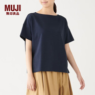 無印良品 MUJI 女式 粗棉線 天竺編織 一字領(lǐng)寬版T恤 W9AB182 海軍藍(lán) XS-S