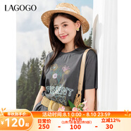 lagogo灰色寬松休閑花卉印花T恤女拉谷谷2025年夏季新款通勤短袖 深灰色 M