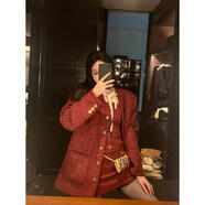 區(qū)區(qū)歐陽紅色小香風(fēng)外套女冬季加厚高級感休閑寬松復(fù)古粗花呢上衣 車?yán)遄由馓?XS