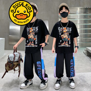 G.DUCKKIDS品牌童裝男童短袖套裝兒童夏季新款中大童男孩帥氣休閑兩件套潮 821 黑色 140