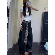 GABALMANIA夏季彎刀褲百搭設計感休閑褲女格子拼接格子腰帶松弛感闊腿褲 B3052休閑褲-黑色 S