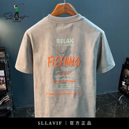 薩拉維夫（Sllavif）美式寬松短袖T恤男重磅潮流印花夏季上衣體恤休閑落肩半袖男衣服 淺灰色 XL 適合140-160斤穿