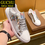 古楚意大利風(fēng)品牌GUCHU高檔男鞋歐洲站小蜜蜂男鞋透氣真皮板鞋小白鞋 白銀色小蜜蜂-4 38