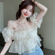 冉藝嵐同款雪紡辣妹衫小法式泡泡袖花邊在逃公主裝 杏色 奶油411#ak XL