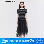 S.DEER圣迪奧女夏季時(shí)尚百搭條紋印花網(wǎng)紗T恤兩件連衣裙S21281219 黑色/91 M 165