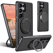 紐為（Newvessy）適用samsung s25ultra手機(jī)殼磁吸指環(huán)扣支架s24三星電話套 s25+ case防摔皮質(zhì)后蓋s23plus保護(hù)殼 磁吸后殼指環(huán)扣【黑色】碳釬維紋 三星Galaxy 