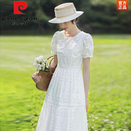 皮爾卡丹（pierre cardin）純.棉鏤空白色連衣裙女中長(cháng)款夏季新款收腰顯瘦高端氣質(zhì)短袖裙女 白色【高品質(zhì)】 S 【建議95斤內】