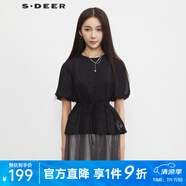 S.DEER圣迪奧女裝時(shí)尚圓領(lǐng)壓褶雪紡泡泡袖T恤S23280102 黑色/91 S 160