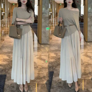 忻依美時(shí)尚套裝裙女2025夏季新款時(shí)髦法式不規(guī)則斜肩上衣半身裙兩件套裙 卡其色上衣+半身裙（套裝+腰帶） M (100-110斤)
