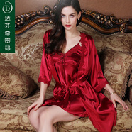 達芬奇密碼睡衣女士夏天涼感冰絲性感吊帶睡裙紅色新娘晨袍家居服情人節禮物 花邊酒紅（兩件套） 均碼