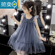 蕉京童裝女童連衣裙夏季2025新款兒童洋氣小女孩沙灘裙時(shí)尚夏天網(wǎng)紗裙 蘭灰色 130