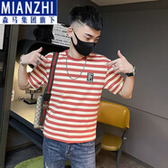 棉致新款夏季短袖t恤男潮牌條紋痞帥百搭半袖精神小伙體恤男裝 D95短袖紅色 M_80-100斤