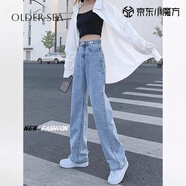 OLDER SEA淺色闊腿牛仔褲女秋季款2025新款百搭高腰小個(gè)子直筒拖地褲子女 淺藍色 常規 L 推薦105-120斤