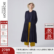 例外（EXCEPTION）女裝春夏款連衣裙亞麻抽褶設(shè)計(jì)中長(zhǎng)袖系帶A字襯衫裙 藏藍(lán)/89 L
