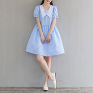 酷章（KUZHANG）酷章森女系夏裝2023新款文藝中長款棉麻連衣裙小 天藍(lán)色 格子V領(lǐng)連衣裙 2XL