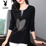 花花公子純棉長(cháng)袖t恤女裝2025春秋新款洋氣媽媽上衣大碼中長(cháng)款女士打底衫 黑色 4XL (建議160-180斤)