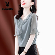 花花公子（PLAYBOY）雪紡真絲女2025夏季新款時(shí)尚短袖圓領(lǐng)拼接荷葉邊高端真絲顯瘦上衣 主豆綠 M (建議85-105斤)
