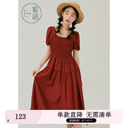 紫涵方領泡泡袖連衣裙女夏新款小眾蕾絲中長裙高腰打攬七夕送女生 復古紅 XL