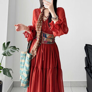 辣妹物語(yǔ)波西米亞紅色深V綁帶連衣裙蕾絲花邊長(cháng)裙長(cháng)袖旅游茶歇裙 裙子+系帶+腰帶 L