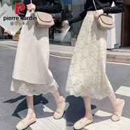 皮爾卡丹（pierre cardin）蕾絲半身裙夏季2025新款中長高腰A字包臀裙兩面穿冰感針織一步裙 杏色 兩面穿 均碼 80-120斤