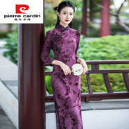 皮爾卡丹長(cháng)袖旗袍長(cháng)款日常復古改良版早秋新款年輕顯瘦連衣裙黑色彈力 單層牛奶絲植絨  紫冬長(cháng)袖 M 建議90-100斤左右