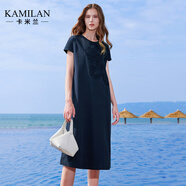 卡米蘭（kamilan）刺繡時(shí)尚短袖顯瘦連衣裙女2025夏季新款流行好看寬松裙子 藏藍(lán)色 不配絲巾 L