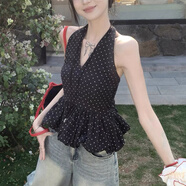 小野七天吊帶上衣可外穿無(wú)袖T恤女黑色波點(diǎn)掛脖V領(lǐng)背心夏季設計感上衣 黑色 M