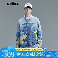 古由卡（GUUKA）潮牌雪山恐龍涂鴉提花毛衣男21秋冬青少年嘻哈撞色寬松落肩針織衫 淺藍 S