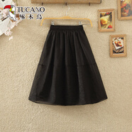 啄木鳥(niǎo)2025夏季新款高腰顯瘦歐根紗小個(gè)子口袋A字裙子半身裙過(guò)膝短裙女 黑色 均碼