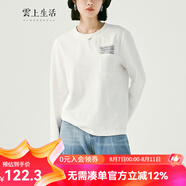 雲(yún)上生活女裝口袋膠印印花T恤春秋款寬松打底衫長袖T恤T5993X 象牙白 M