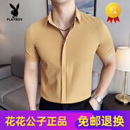花花公子（PLAYBOY）高端泡泡紗男士短袖拉鏈襯衫夏季薄款時尚潮流休閑商務百搭 咖啡色 2XL (145-155斤)