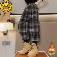 G.duck女童冬季網(wǎng)紅加絨格子褲燈籠褲兒童一條過(guò)冬運動(dòng)褲大童束腳哈倫褲 卡其格子褲 復合羊駝絨 160 cm
