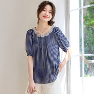 雪紡衫女裝夏季新款泡泡袖洋氣百搭短袖上衣小衫618大促包郵 藍色 XL XL(120-130斤)