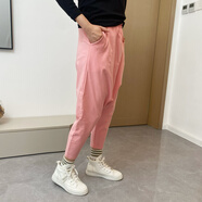 FHHUABD2024春夏彈力棉9分純色吊襠褲女 哈倫褲運動垮褲低檔褲大 粉色 S 適合體重80到105