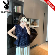 花花公子（PLAYBOY）夏季新款韓系碎花V領(lǐng)荷葉邊飛飛袖雪紡衫顯瘦氣質(zhì)田園復(fù)古上衣女 碎花上衣 均碼