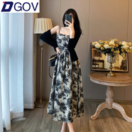 DGOV法式復(fù)古水墨碎花抹胸吊帶連衣裙女春裝新款設(shè)計(jì)感氣質(zhì)收腰長裙子 水墨玫瑰吊帶 S 80-100斤
