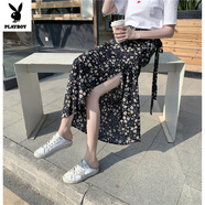 花花公子（PLAYBOY）一片式半身裙女夏季新款百搭系帶沙灘長(cháng)裙子度假防曬雪紡碎花裹裙 藍底小白花 632 藍底小白花 S 建議85-99斤