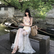 奮斗服飾（FEN DOU FU SHI）無標優(yōu)品吊帶裙顯瘦遮肚子小個子重工立體花朵網(wǎng)紗吊帶連衣裙女夏 連衣裙【海島風連衣裙/法式掐腰 S