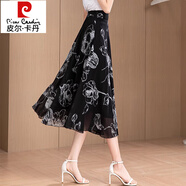 皮爾卡丹（pierre cardin）2025夏季新款小格子雪紡半身裙女中長(cháng)款高腰大碼印花A字裙大擺裙 黑底水墨花 S 合適體重88-95
