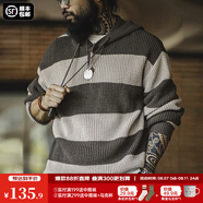 馬登工裝 復古撞色條紋連帽針織衫男春季休閑百搭套頭衛(wèi)衣學院風毛衣 鉛灰條 M