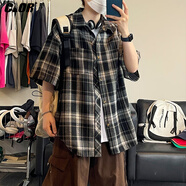 CLOR美式休閑復古寬松襯衫春秋款格子潮流短袖外套CLCX06黑色XL