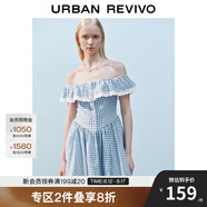 UR2025夏季新款女裝格紋拼接蕾絲一字領連衣裙UYL750043 中藍格子 (偏短) M