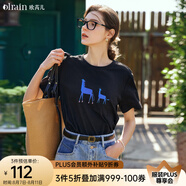 Olrain歐芮兒黑色短袖T恤女夏季新款精致繡花寬松百搭上衣 黑色 L