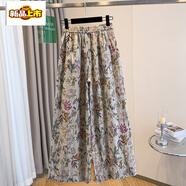 初徑夏季大碼碎花棉麻闊腿褲女薄款新款高腰顯瘦休閑亞麻直筒褲子 花卉褲子 M (建議115斤內)