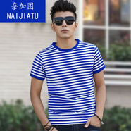 奈加圖?；晟滥卸绦鋞恤定制海軍風(fēng)修身純棉圓領(lǐng)半袖藍白條紋情侶裝夏季 男款藍色條紋 3XL